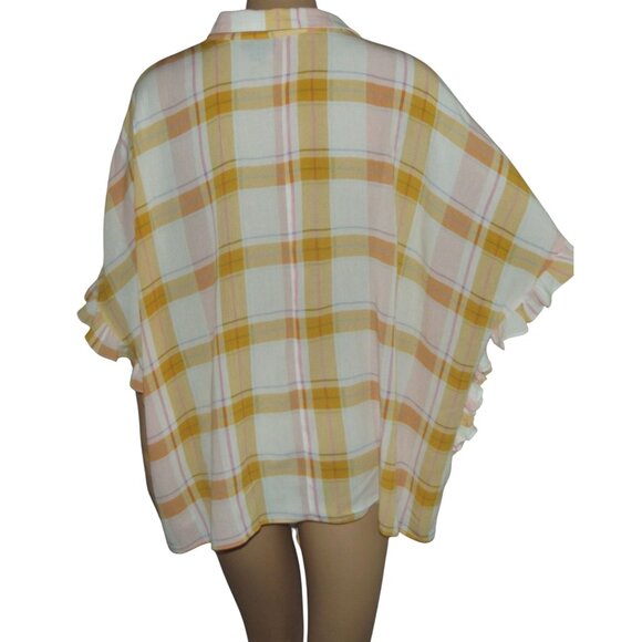ana XLT Blouse Yellow Gold Pink White Plaid (XL tall) top shirt Tie Front Ruffle - Picture 2 of 10